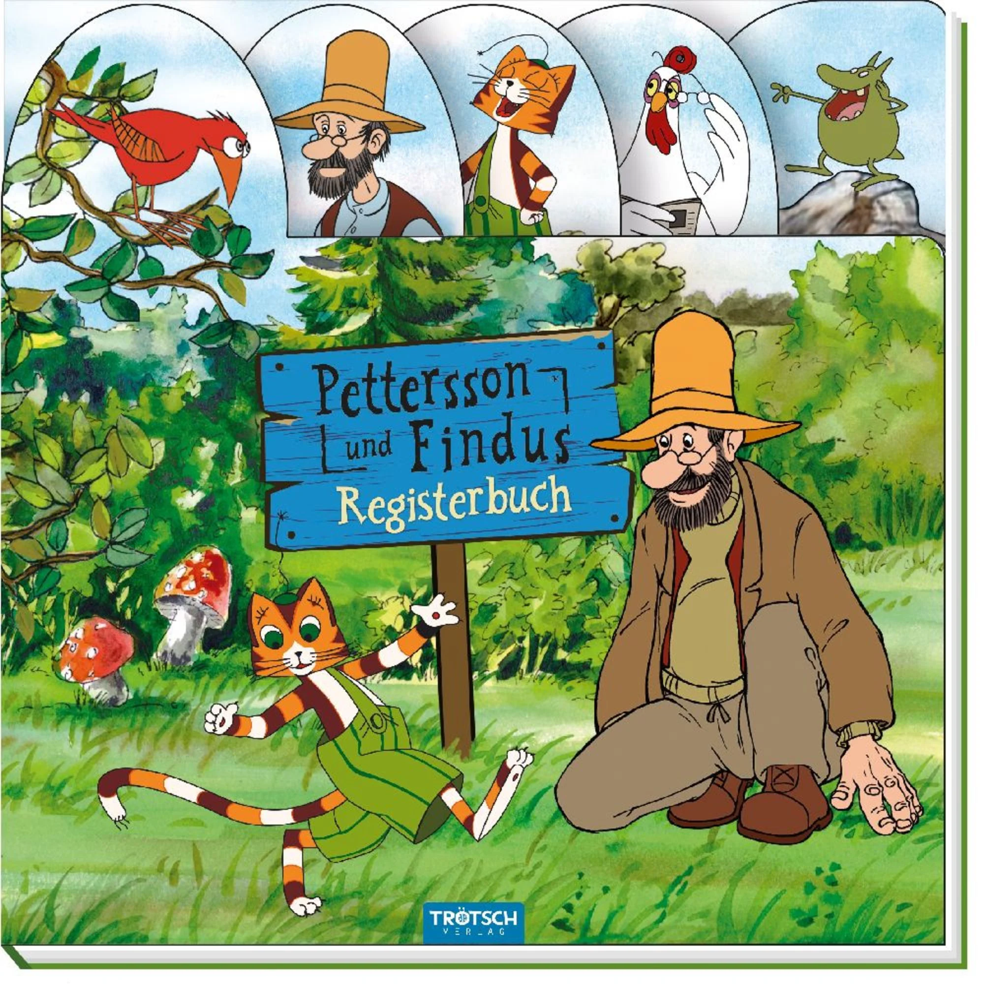 Cover des Pettersson und Findus Registerbuchs mit bunten Klappenbildern