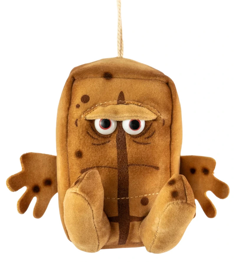 Mini Bernd das Brot Kuscheltier von vorn – müder Blick, viereckiger Körper, 7 cm groß.