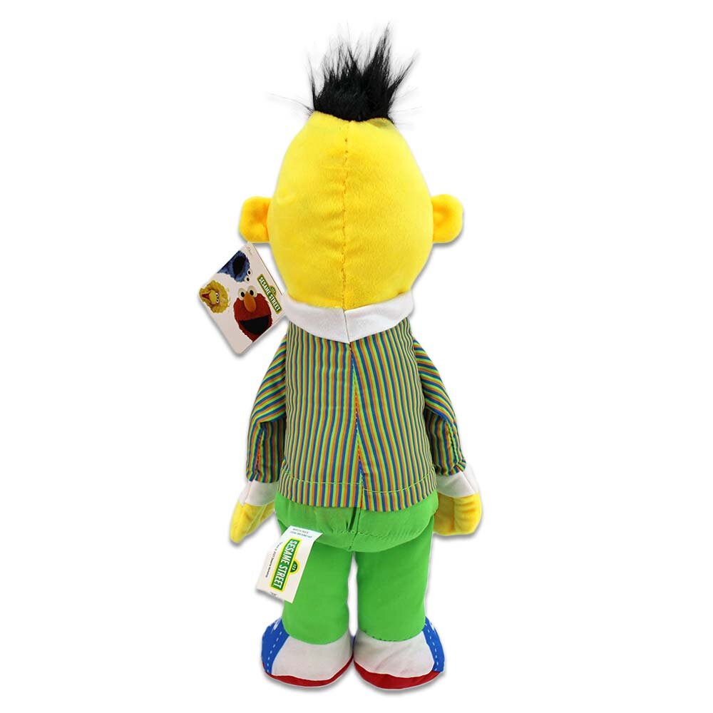 Sesamstraße - Kuscheltier Bert (42 cm) Bert Plüschtier aus der Sesamstraße stehend von hinten, 42 cm groß mit gestreiftem Pulli und schwarzem Haar