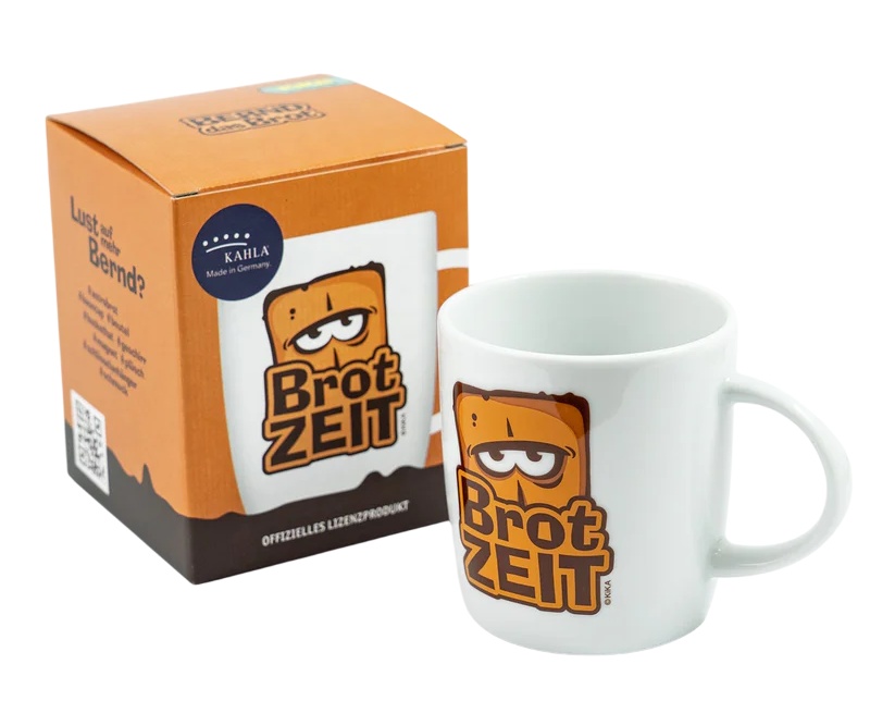 Bernd das Brot Tasse mit „BROTZEIT“-Aufdruck, inklusive dekorativer Geschenkverpackung, humorvoll und hochwertig.