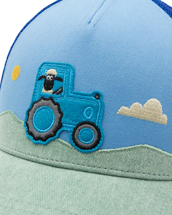 basecap fuer kinder shaun das schaf motiv traktor nahansicht