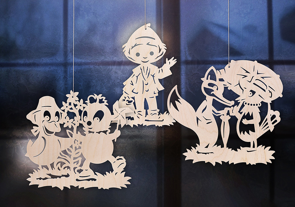 holzfensterbilder-sandmann-schnatterinchen-fuchs-elster-ratags Holz Fensterbilder Sandmännchen, Pittiplatsch & Schnatti, Herr Fuchs & Frau Elster