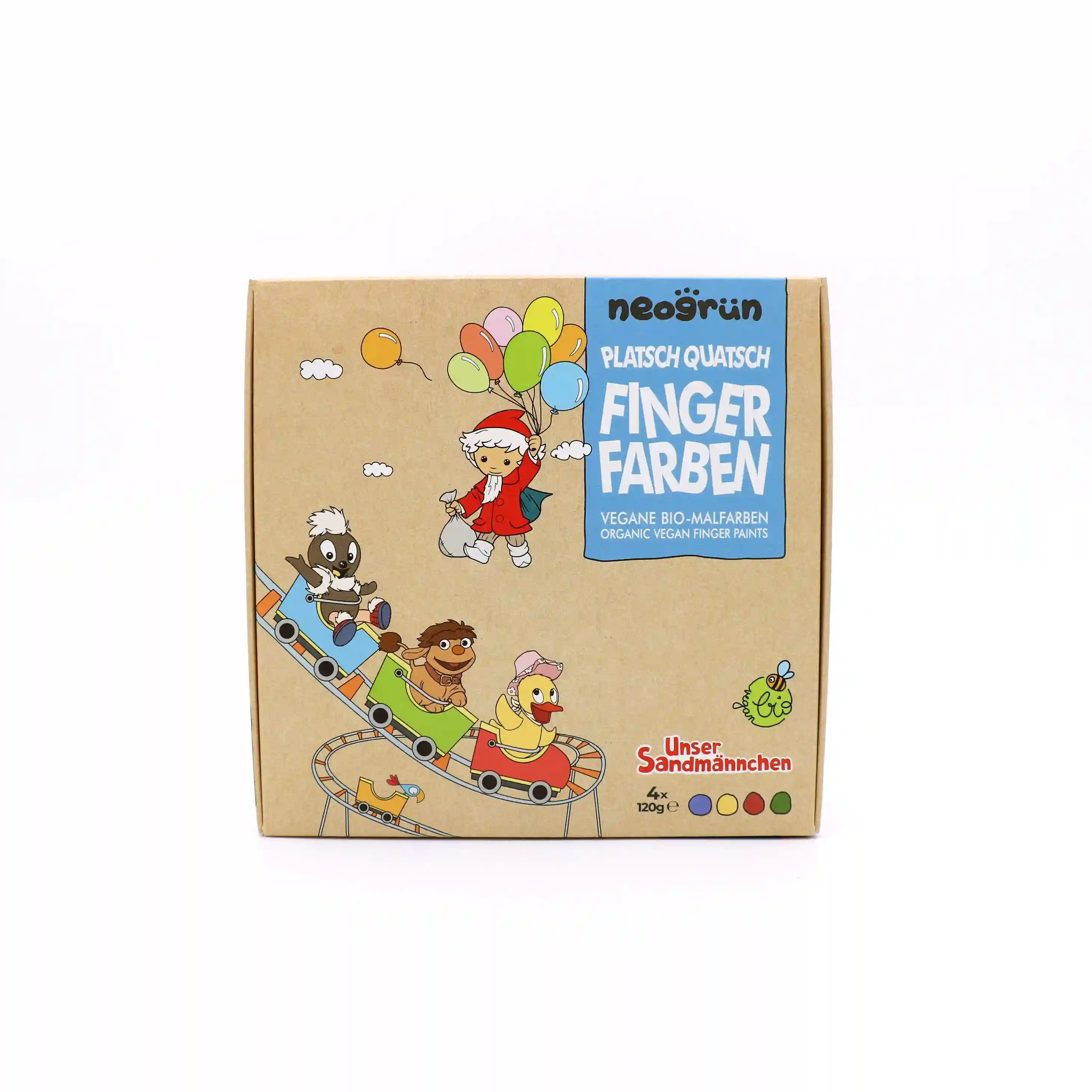 Verpackung der Sandmännchen Fingerfarben steht aufrecht
