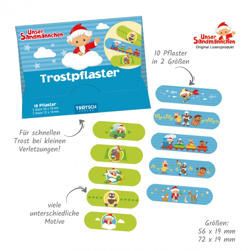 Unser Sandmännchen - Trostpflaster Sandmännchen Trostpflaster in zwei Größen, zehn Pflaster nebeneinander auf weißem Hintergrund