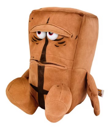 Bernd das Brot Kuscheltier in Schrägansicht – 16 cm groß, aus Lederimitat und Alcantara gefertigt.