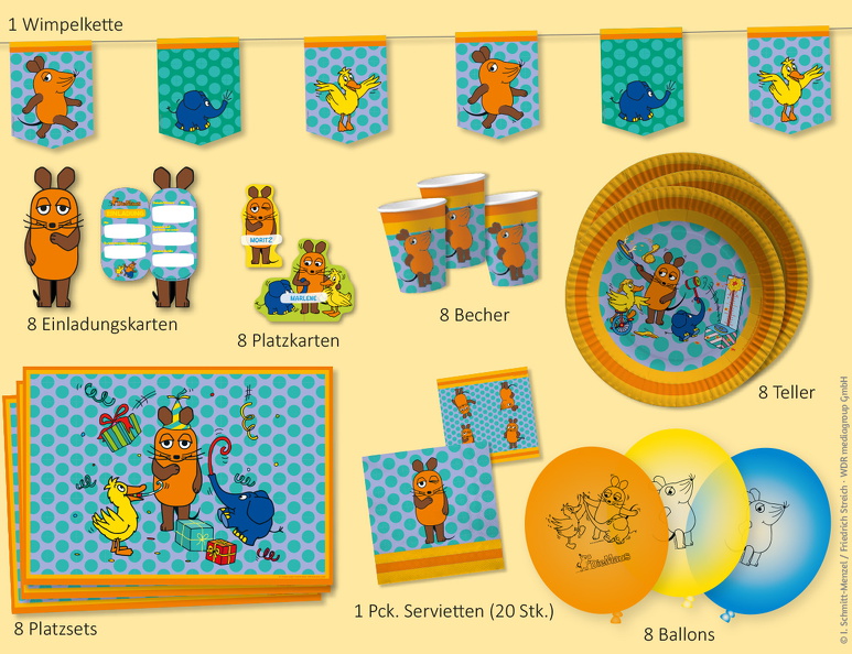 Die Sendung mit der Maus - Party Set für 8 Kinder drei null eins zwei neun die maus partyset alle teile abgebildet
