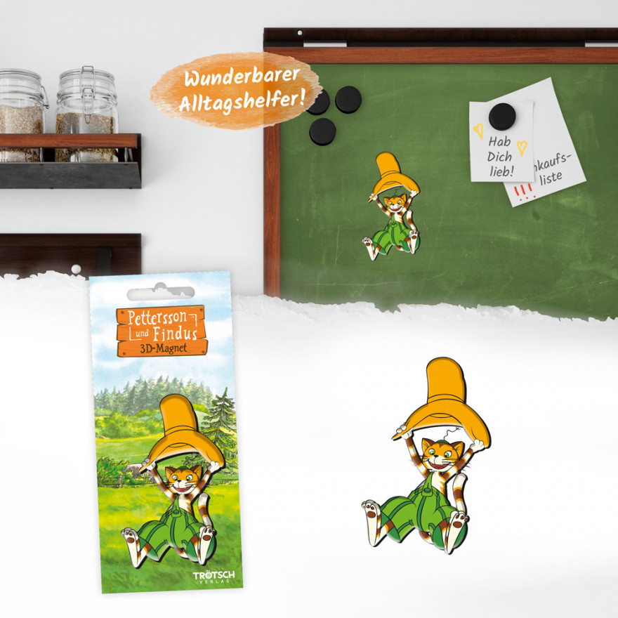 Pettersson und Findus - 3D Magnet - Findus Findus 3D Magnet mit Petterssons Hut als Anwendungsbeispiel an einer Tafel