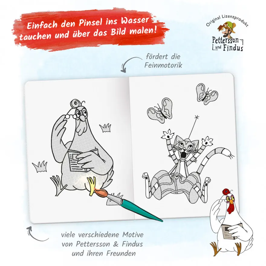 Beispielseite aus dem Pettersson und Findus Zaubermalbuch – fördert spielerisch die Feinmotorik