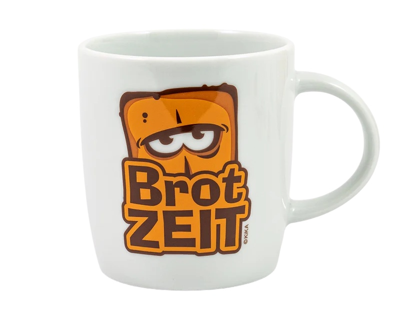 Weiße Tasse mit Bernd das Brot und „BROTZEIT“-Motiv, humorvoll gestaltet, in Geschenkverpackung aus Karton.