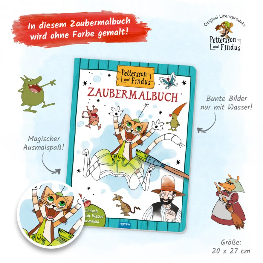 Geöffnete Seiten des Pettersson und Findus Zaubermalbuchs mit sichtbaren bunten Motiven als Anwendungsbeispiele