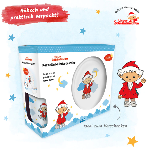 sandmannchen-porzellan-kindergeschirr-zum-verschenken-jpg Unser Sandmännchen Kindergeschirr Set (drei teilig)