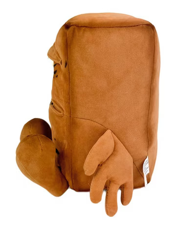 Bernd das Brot Kuscheltier von der Seite – rechteckiger Körper, sichtbares Profil, kurze Arme, 16 cm hoch.