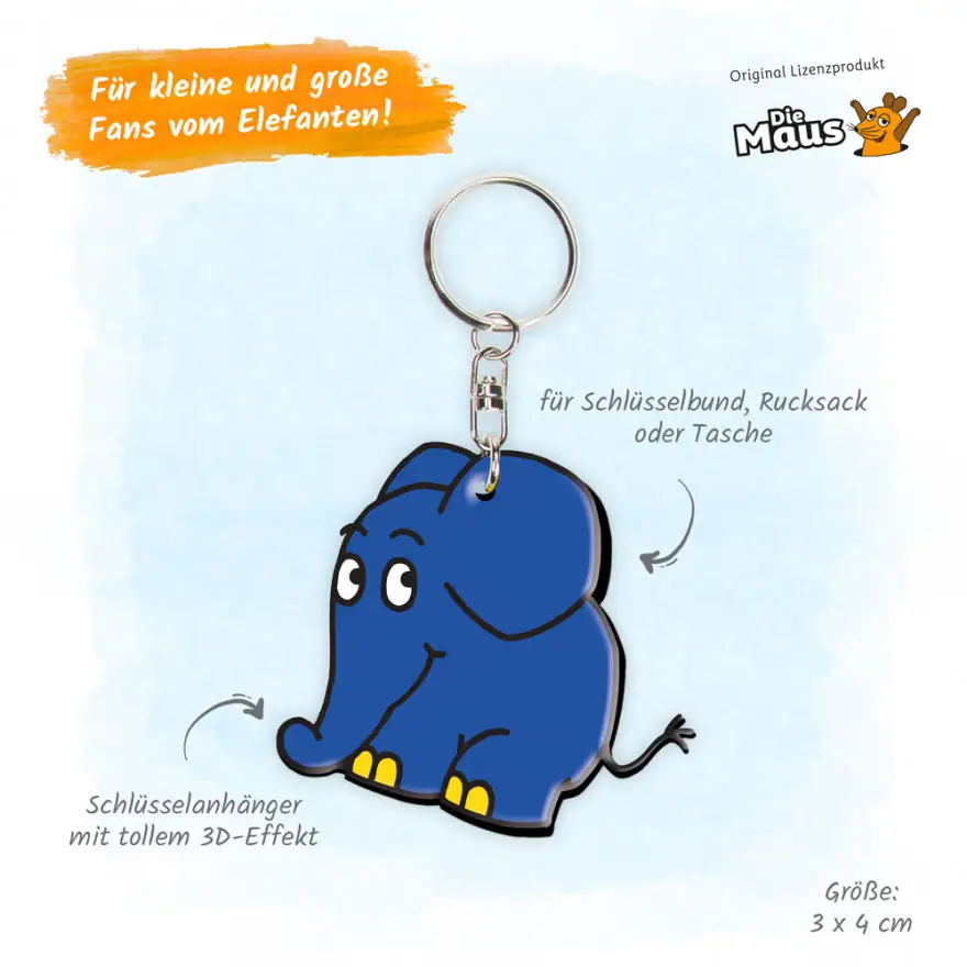 drei null zwei null vier die maus 3D schluesselanhaenger elefant mit infos