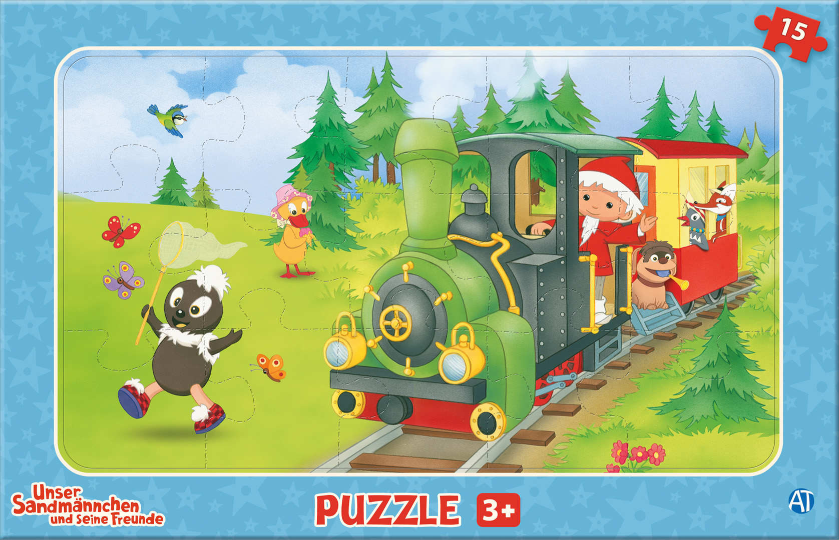 kinderpuzzle-rahmenpuzzle-unser-sandmaennchen-und-freunde-im-zug-15-teilig Unser Sandmännchen Puzzle Eisenbahn (eins fünf teilig)