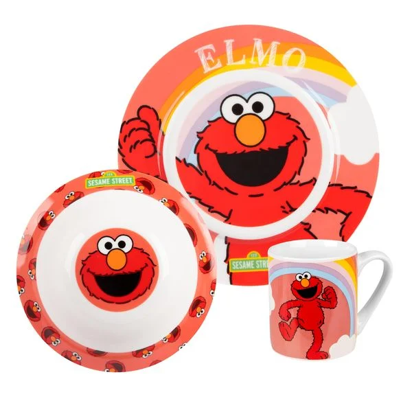 Elmo Geschirrset 3-teilig, Sesamstraße Design, Tasse, Schale und Teller aus Porzellan, farbenfrohes Kindergeschirr