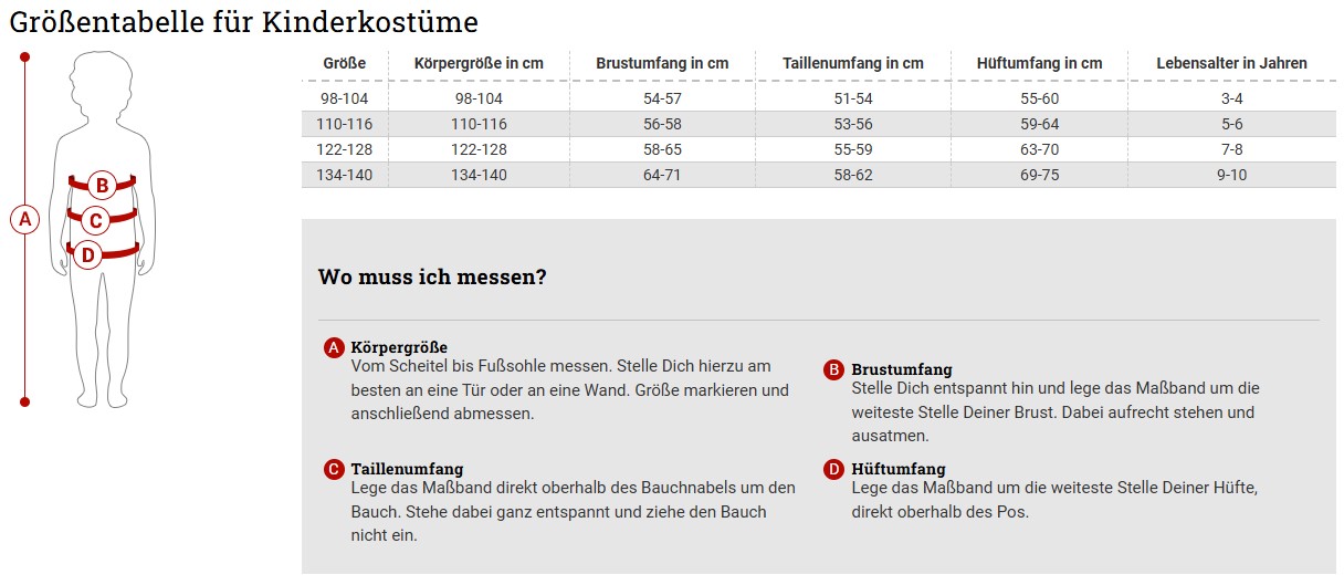 Größentabelle Kostüme Kinder