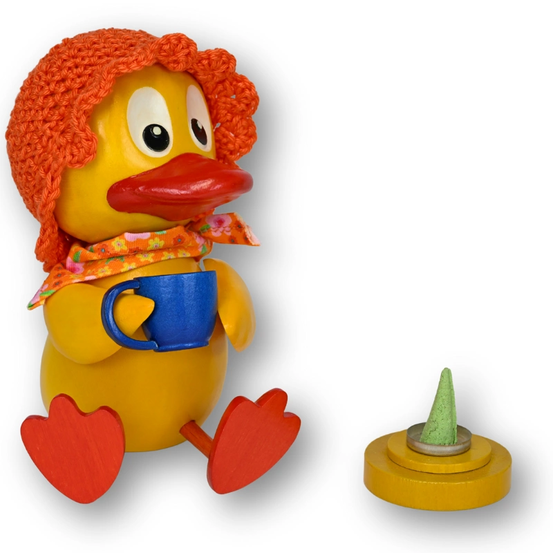 Schnatterinchen - Räucherfigur (15,5 cm) schnatterinchen-raeucherfigur-seitenansicht-rechts-mit-rauecherhuettchen