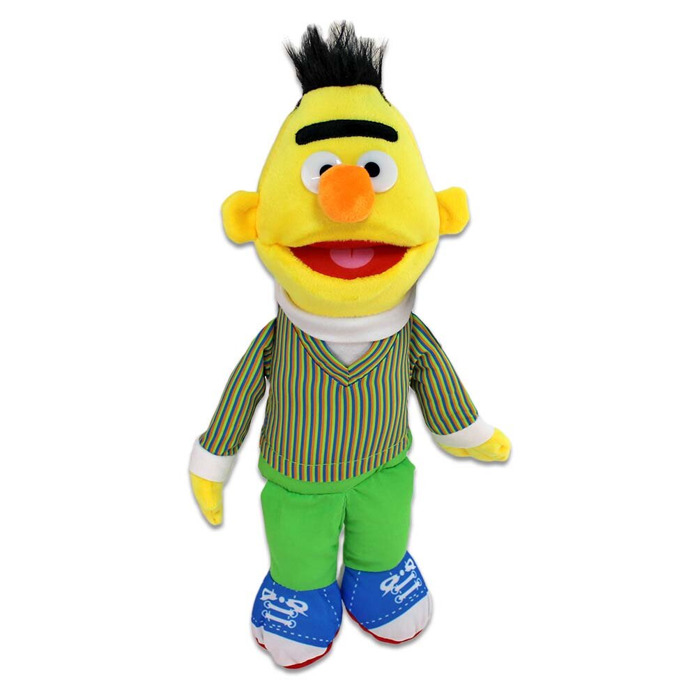 Sesamstraße - Kuscheltier Bert (42 cm) Bert Plüschtier aus der Sesamstraße stehend in Vorderansicht, 42 cm groß mit gestreiftem Pulli und Kunststoffaugen