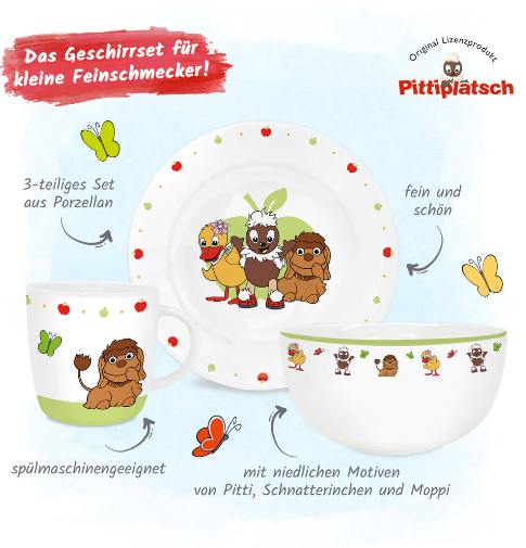 Pittiplatsch - Kindergeschirrset aus Porzellan (3-teilig) Pittiplatsch Kindergeschirrset aus Porzellan (drei teilig)