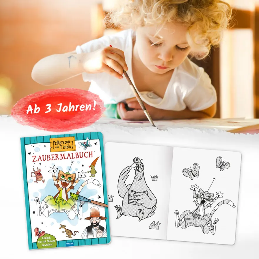 Pettersson und Findus - Zaubermalbuch Kind malt in eine geöffnete Seite des Pettersson und Findus Zaubermalbuchs mit Wasser