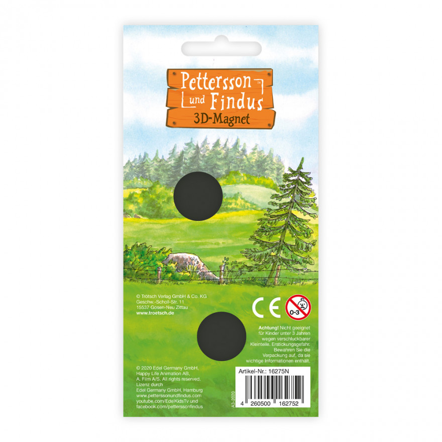 Pettersson und Findus - 3D Magnet - Findus Rückseite der Verpackung des Findus 3D Magnets mit Sicherheitshinweisen und Produktinfos