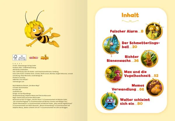Die Biene Maja - Die schönsten Mutmach-Geschichten (Buch) Geöffnetes Buch Die Biene Maja, Die schönsten Mutmachgeschichten, mit farbigem Inhaltsverzeichnis und Illustrationen