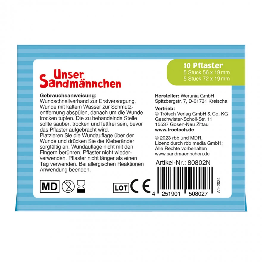 Unser Sandmännchen - Trostpflaster Rückseite der Sandmännchen Trostpflaster-Verpackung mit Anwendungshinweisen und Informationen