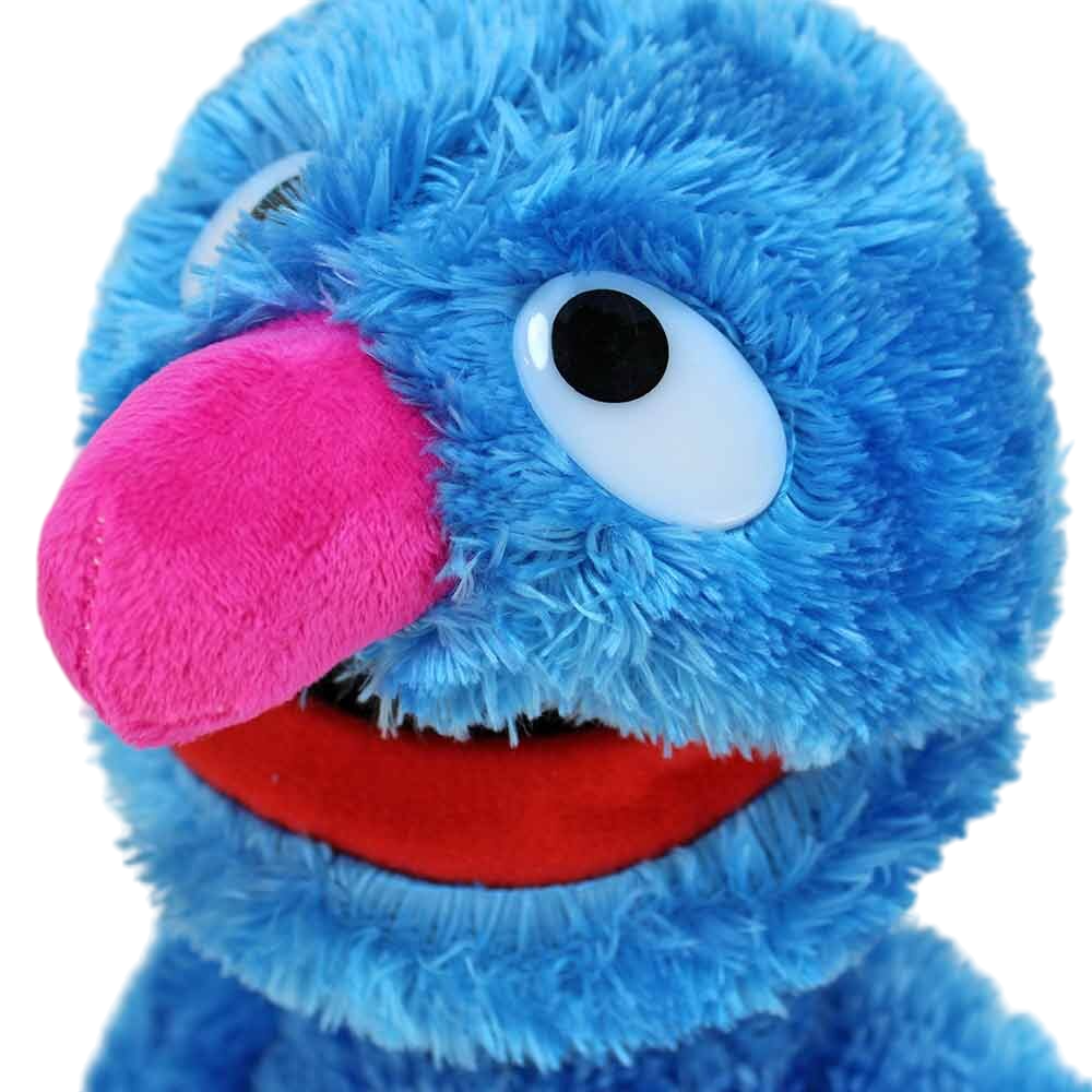 Sesamstraße - Kuscheltier Grobi (42 cm) Detailansicht vom Kopf des Grobi Plüschtiers mit blauer Zottelmähne, großer Nase und Kunststoffaugen