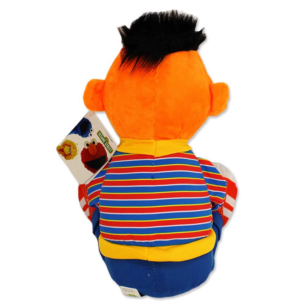 Ernie Plüschtier aus der Sesamstraße, 38 cm groß, sitzend, Rückansicht mit gestreiftem Pullover und blauer Hose