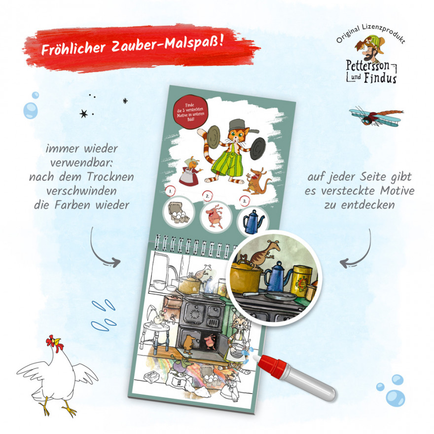 Pettersson und Findus - Zaubermalspaß Geöffnetes Pettersson und Findus Zaubermalbuch mit verschiedenen bunten Motiven