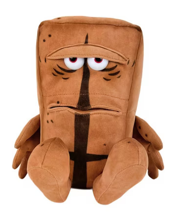 Bernd das Brot Kuscheltier von vorn – müder Blick, quadratischer Körper, kurze Arme, 16 cm groß.