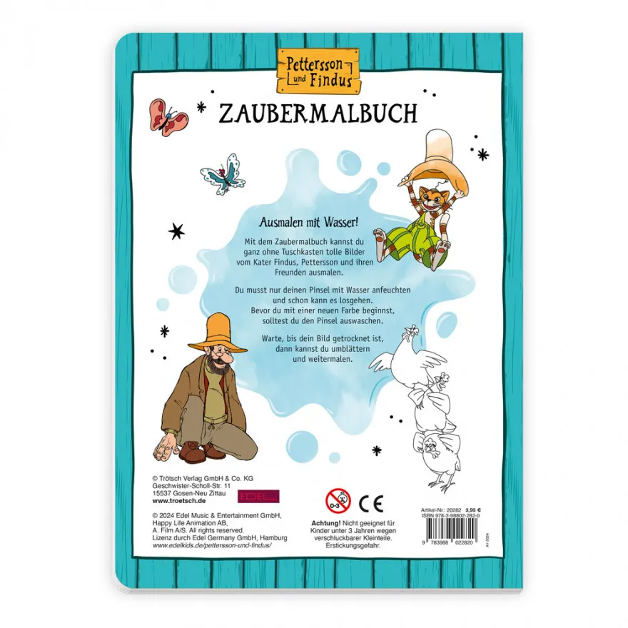 Pettersson und Findus - Zaubermalbuch Rückseite des Pettersson und Findus Zaubermalbuchs mit Beschreibung und Anwendungshinweis