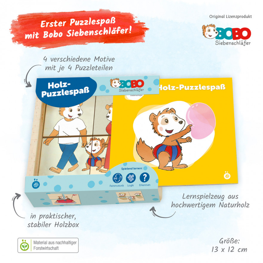 Bobo Siebenschläfer - Erster Puzzlespaß aus Holz Bobo Siebenschläfer, Erster Puzzlespaß aus Holz, Holzpuzzle, in stabiler Holzbox