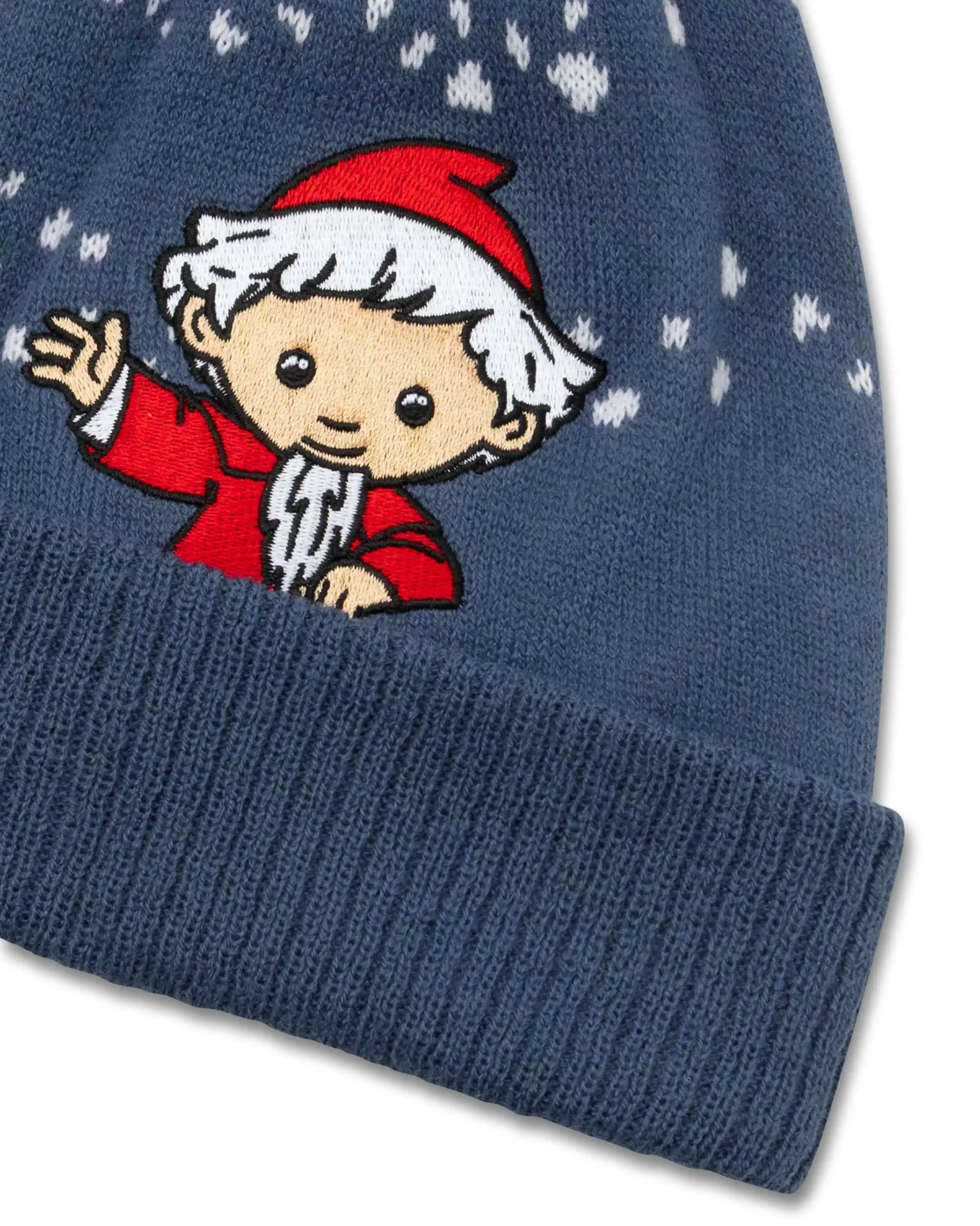 kindermuetze sandmaennchen blau wintermuetze mit bommel ansicht logo