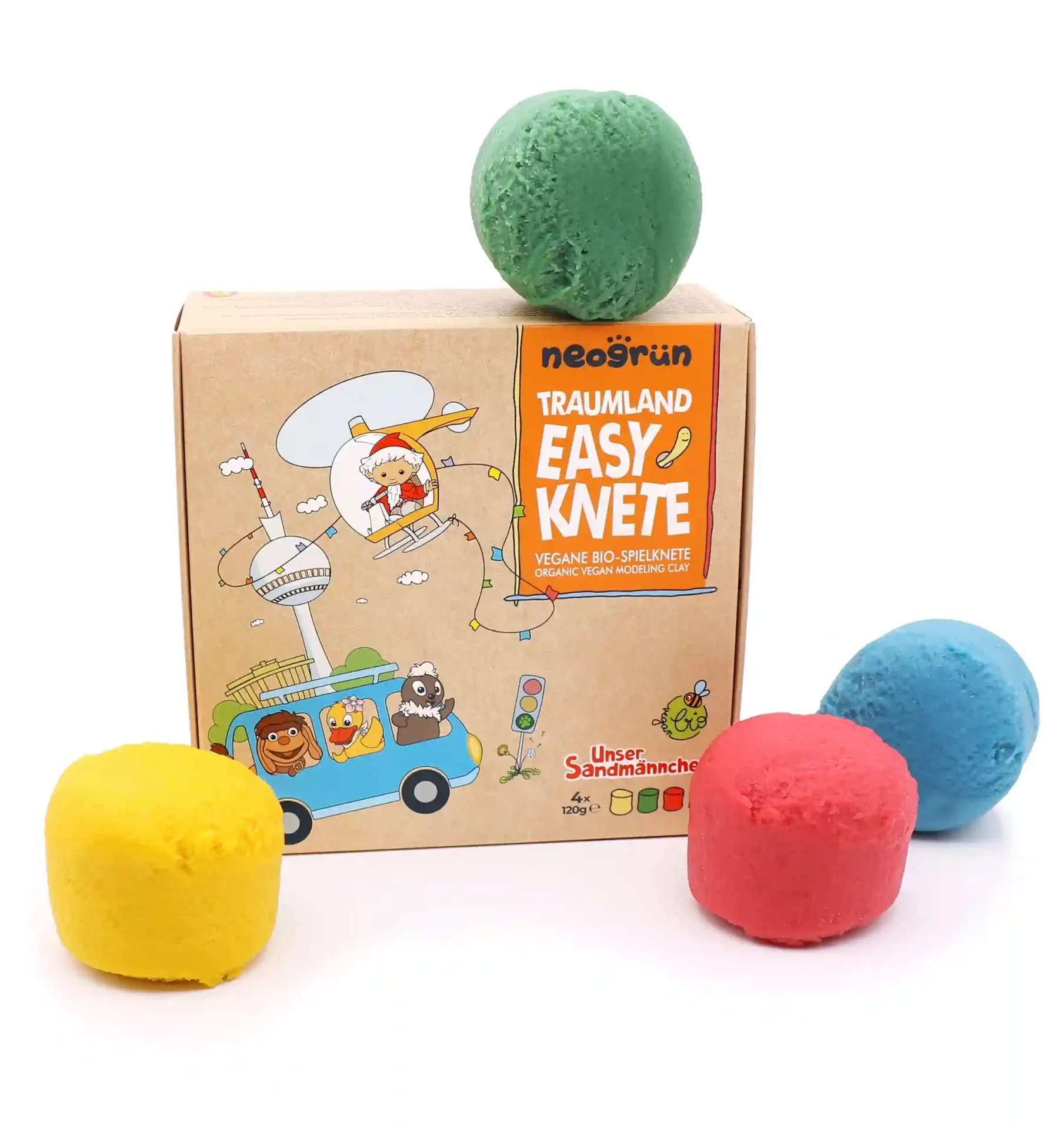 Unser Sandmännchen - Traumland Easy-Knete (4er Set) Sandmännchen Knete stehend, daneben die Knete ohne Verpackung