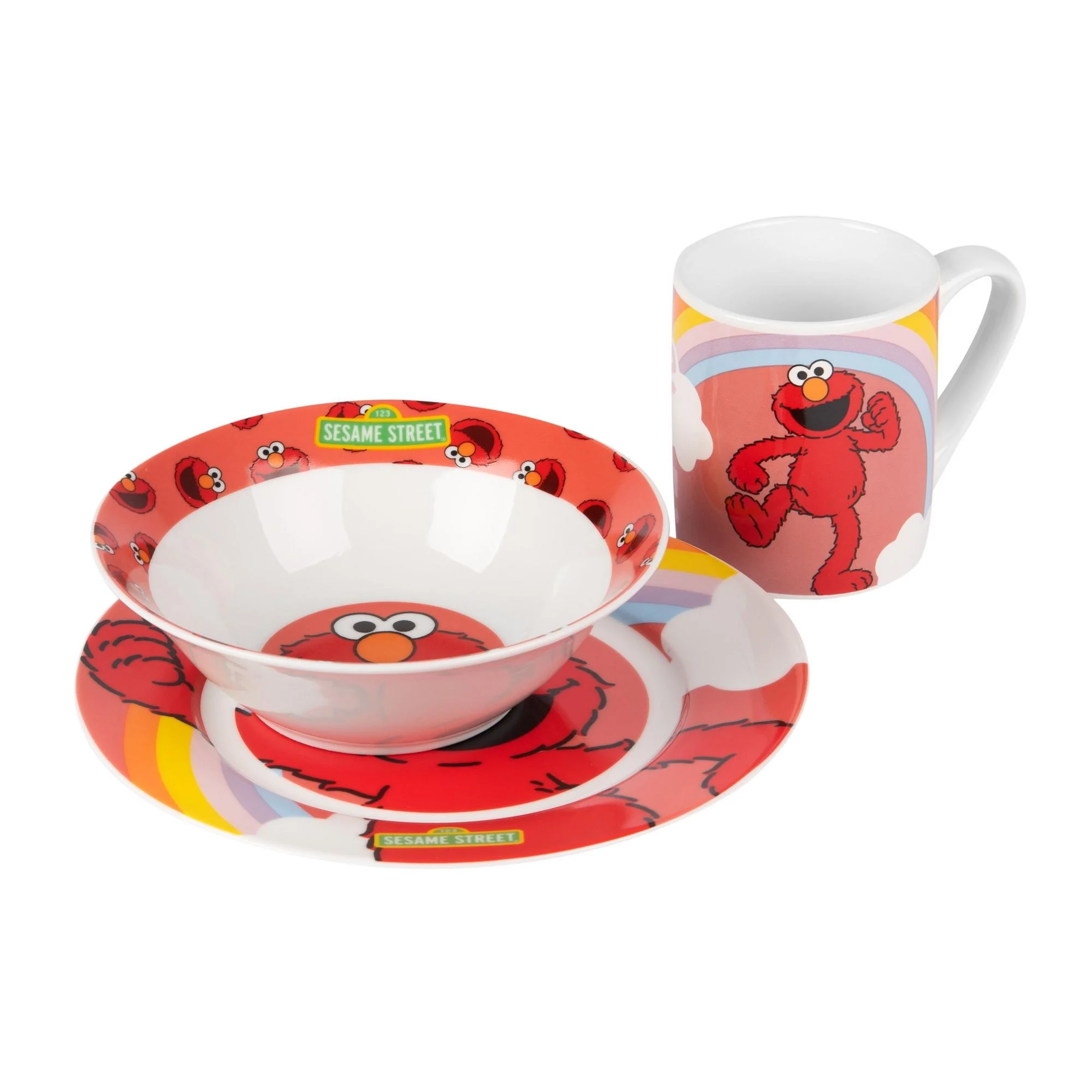 Elmo Geschirrset 3-teilig, Seitenansicht mit Tasse, Schale und Teller, Sesamstraße Design, aus Porzellan
