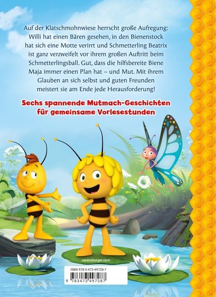 Die Biene Maja - Die schönsten Mutmach-Geschichten (Buch) BuchrĂŒckseite Die Biene Maja, Die schönsten Mutmachgeschichten, mit Klappentext und farbiger Illustration