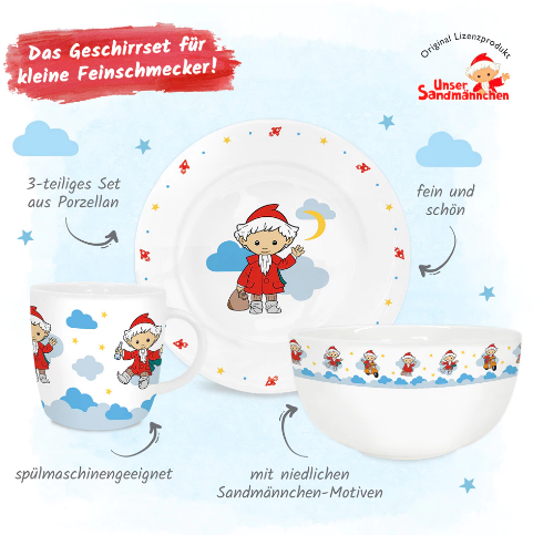 sandmannchen-porzellan-kindergeschirr-set-spuelmaschinengeeignet Unser Sandmännchen Kindergeschirr Set (drei teilig)